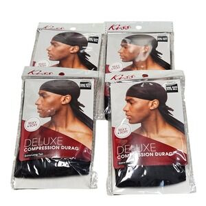 Kiss Compression Durag Men OS Black 4 Pack Silky Soft Extra Long Tail Wave Cap